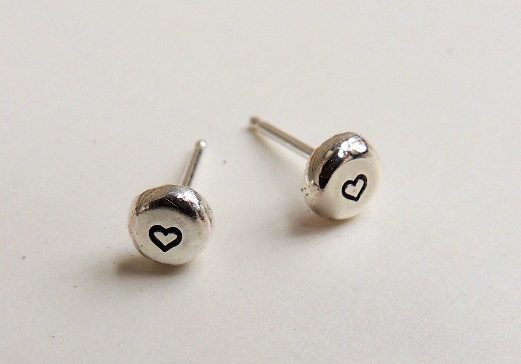Small silver studs - stud earrings - heart earrings - stamped studs - recycled stud earrings
