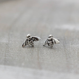Silver bee stud earrings, bee earrings, sterling silver studs, insect stud earrings
