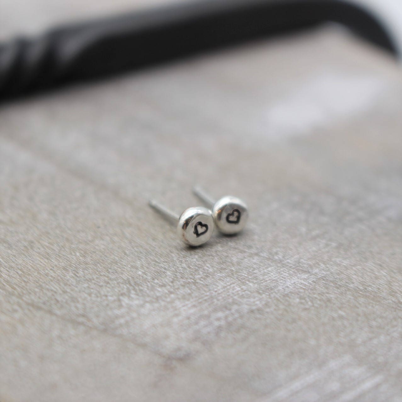Small silver studs - stud earrings - heart earrings - stamped studs - recycled stud earrings