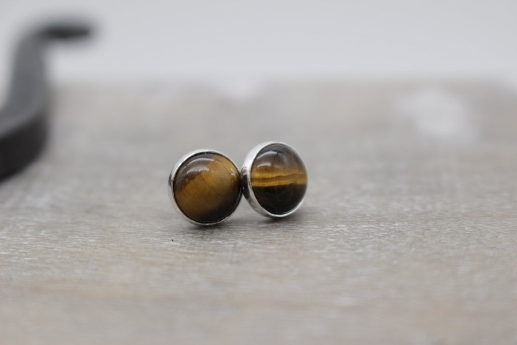 Tiger eye stud earrings - Large Sterling silver earrings - gift for her - jewelry sale - tiger eye - 8mm Studs