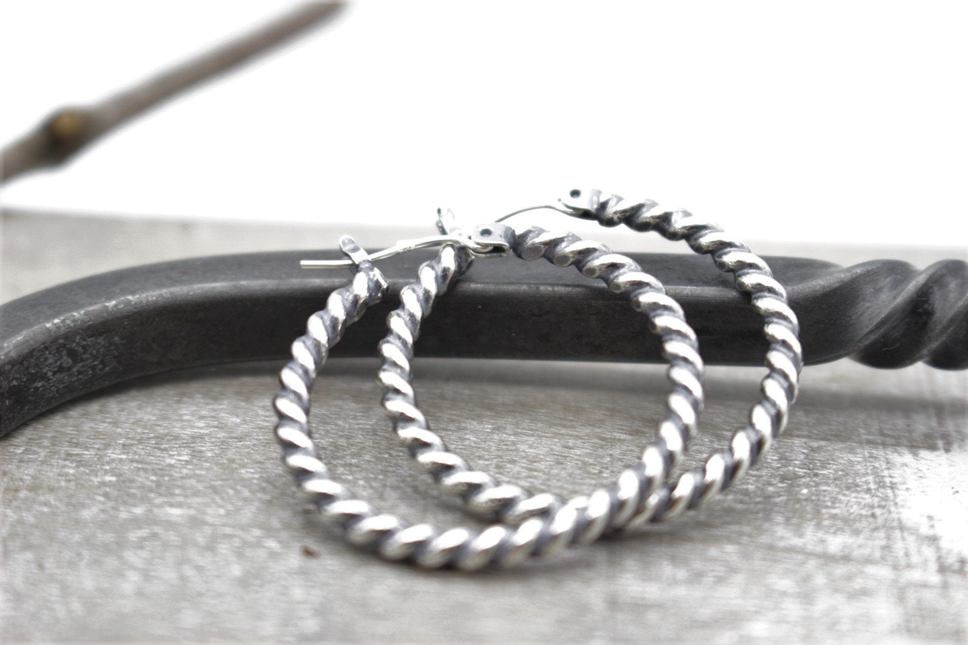 Twisted Hoop Earrings - Sterling silver rustic hoop earrings - one inch hoops - gift for her - boho - hoop earrings