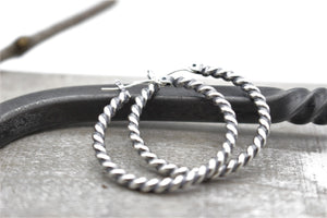 Twisted Hoop Earrings - Sterling silver rustic hoop earrings - one inch hoops - gift for her - boho - hoop earrings
