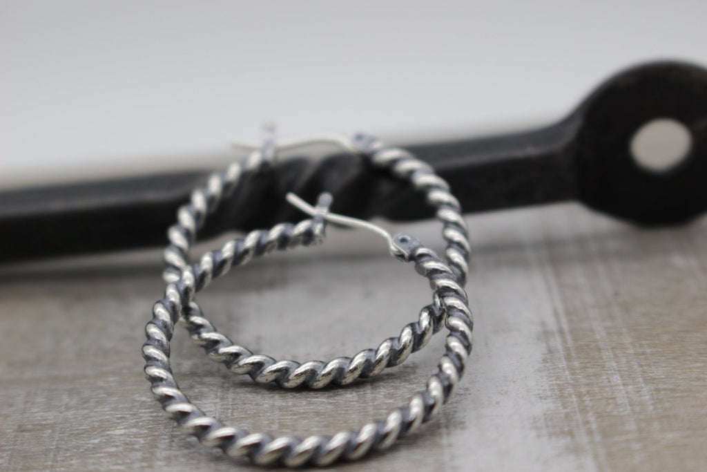 Twisted Hoop Earrings - Sterling silver rustic hoop earrings - one inch hoops - gift for her - boho - hoop earrings