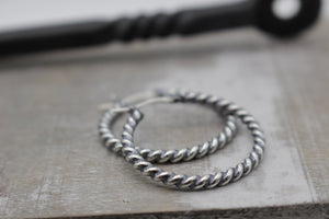 Twisted Hoop Earrings - Sterling silver rustic hoop earrings - one inch hoops - gift for her - boho - hoop earrings