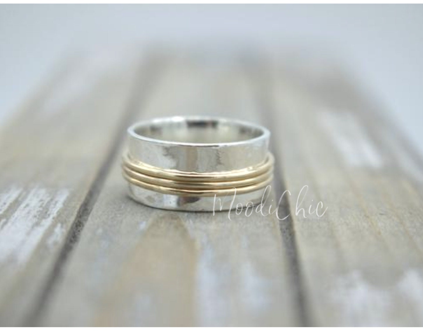 Silver Gold wide band Ring - Sterling Silver Meditation Ring - Gift for her - Spinner ring