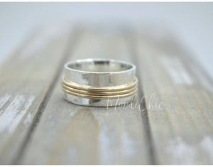 Silver Gold wide band Ring - Sterling Silver Meditation Ring - Gift for her - Spinner ring