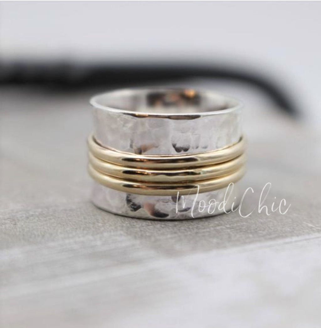 Sterling Silver Gold Spinner Ring - Gold Silver Fidget Ring