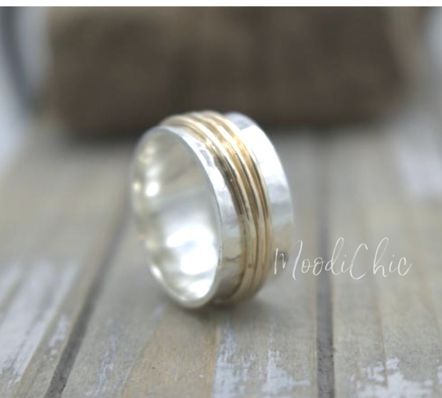 Silver Gold wide band Ring - Sterling Silver Meditation Ring - Gift for her - Spinner ring