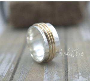 Silver Gold wide band Ring - Sterling Silver Meditation Ring - Gift for her - Spinner ring