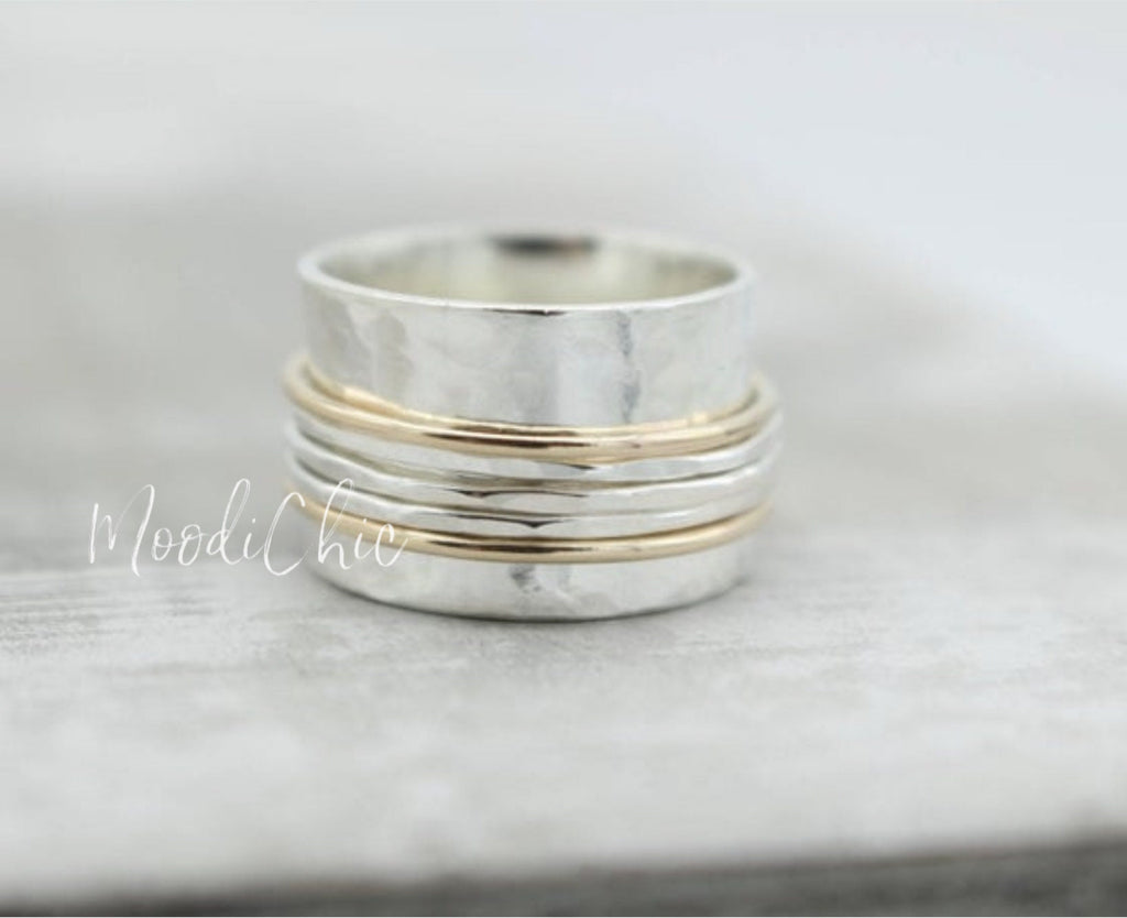 Sterling Silver Gold Meditation rings - Spinner Ring - gold Filled - Silver - Hammered Ring Band - Jewelry sale