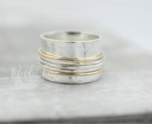 Sterling Silver Gold Meditation rings - Spinner Ring - gold Filled - Silver - Hammered Ring Band - Jewelry sale