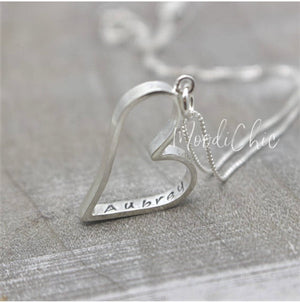 Sterling silver Stamped heart necklace - personalized charm - gift for her- jewelry - Custom name necklace