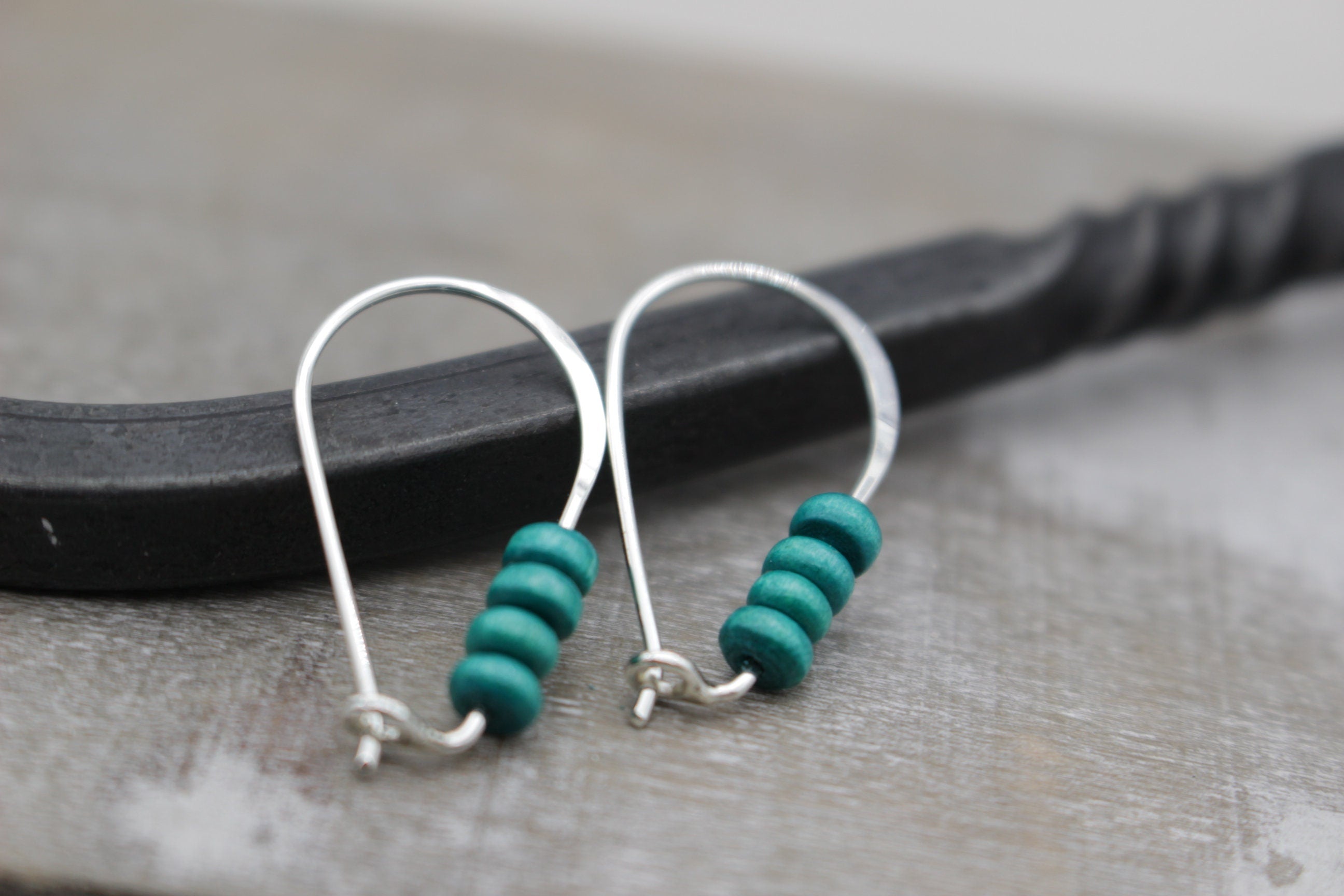 Turquoise wooden simple Hoops - Sterling Silver Hoop Earrings - Gift for Her - Jewelry Sale - Small wooden beaded Hoops - Dangle Earrings