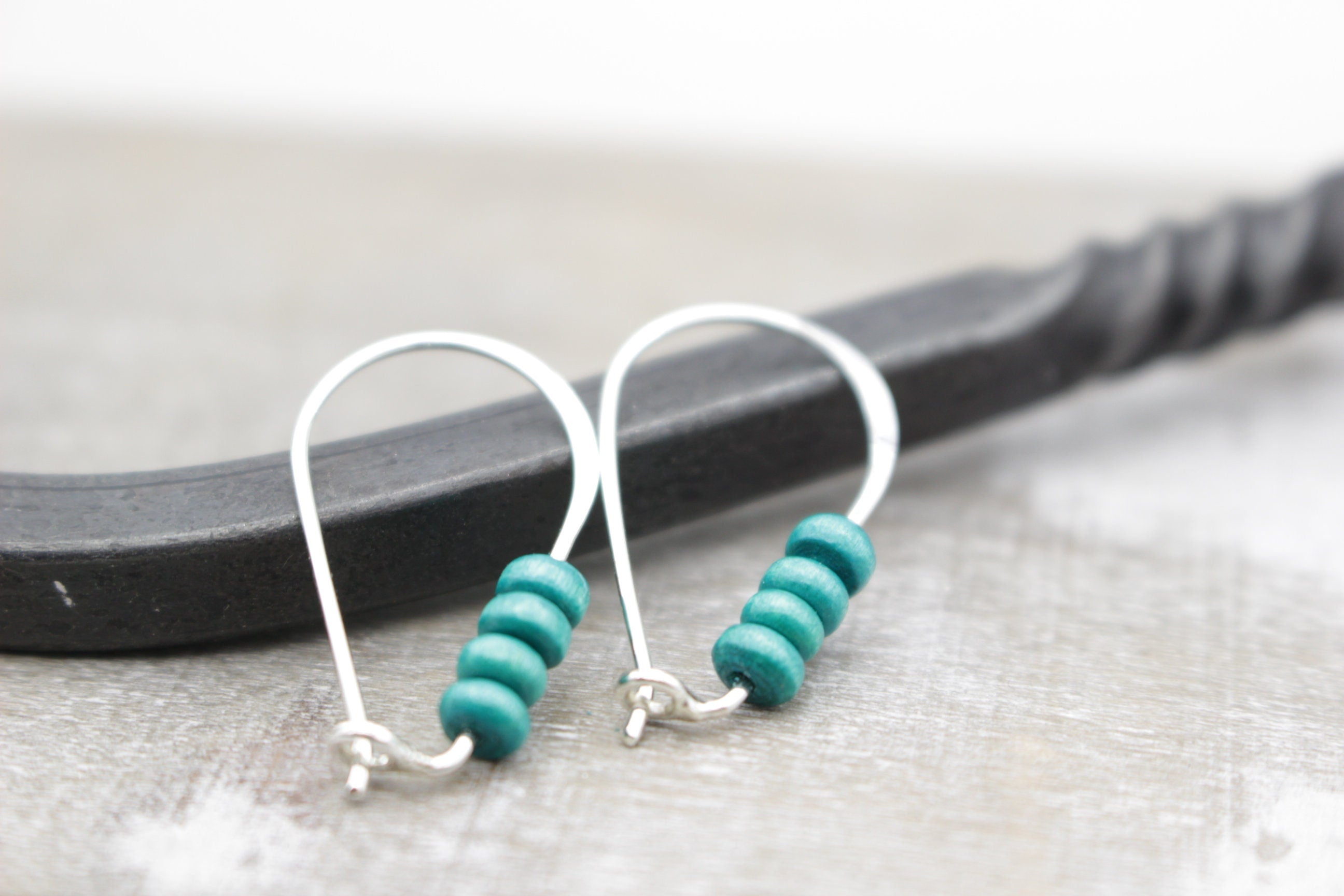 Turquoise wooden simple Hoops - Sterling Silver Hoop Earrings - Gift for Her - Jewelry Sale - Small wooden beaded Hoops - Dangle Earrings