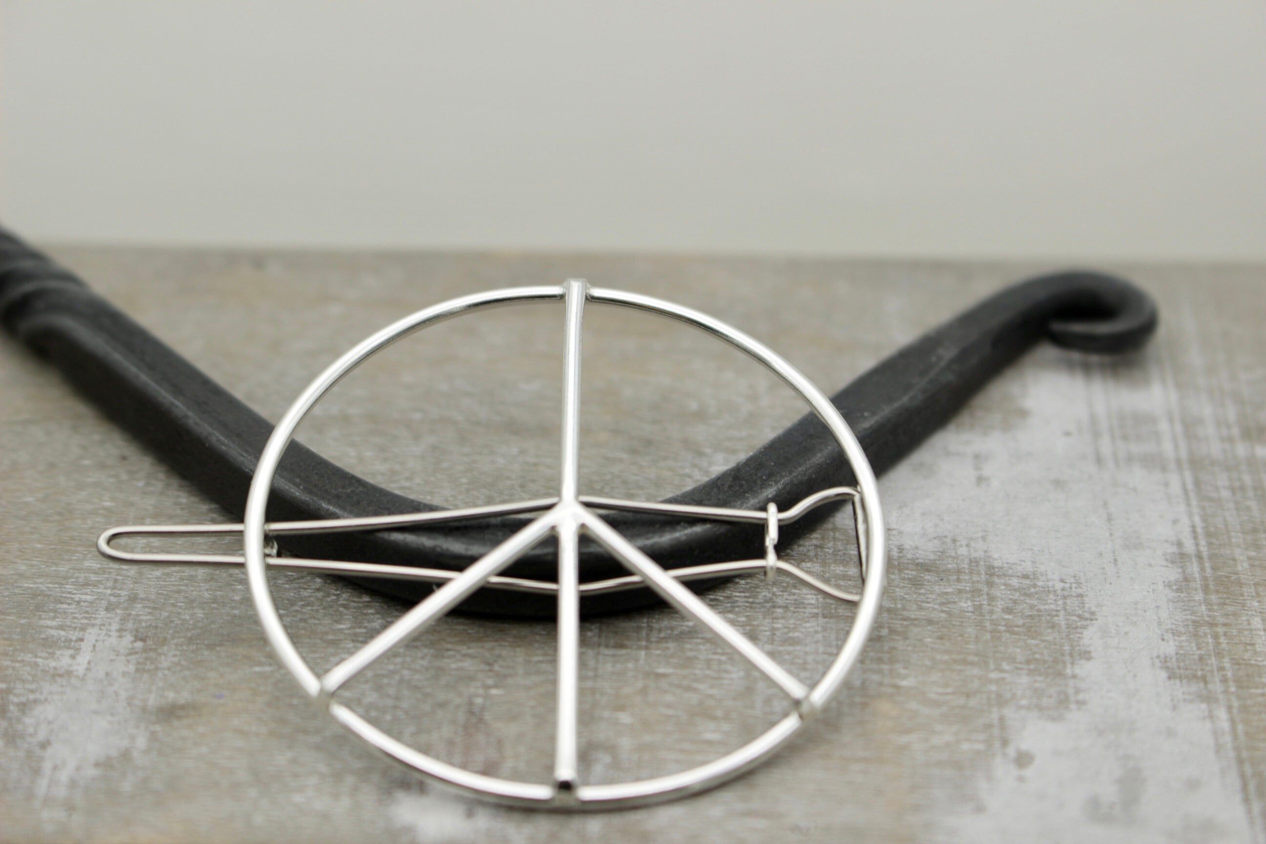 Large Peace Sign Silver Barrette -