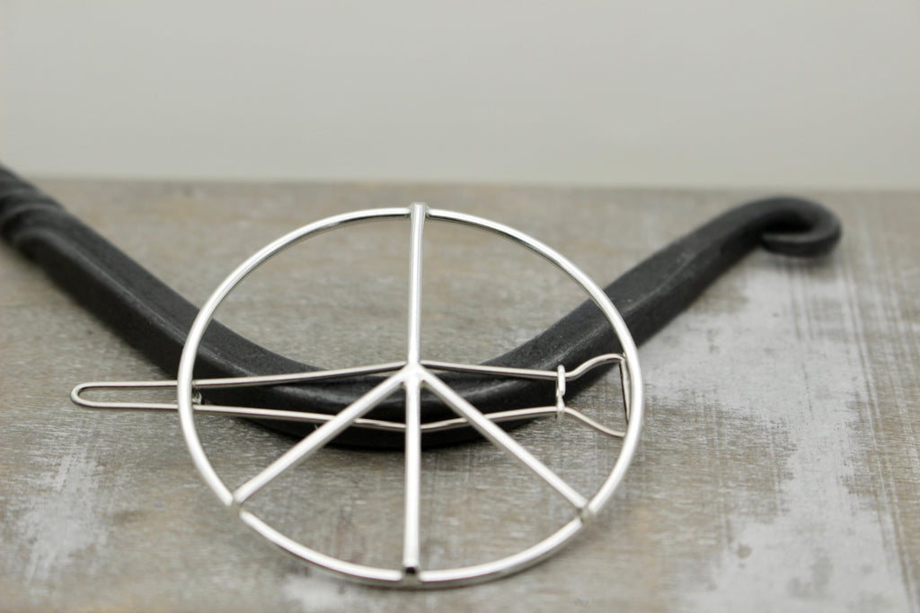 Large Peace Sign Silver Barrette -