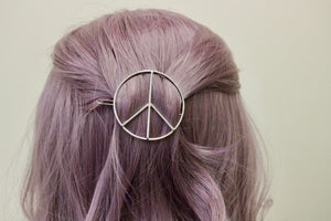 Large Peace Sign Silver Barrette -