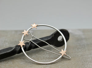 Sterling copper circle barrette - Star barrette - Small sterling silver barrette - gift for her - small barrette - hair jewelry - bangs