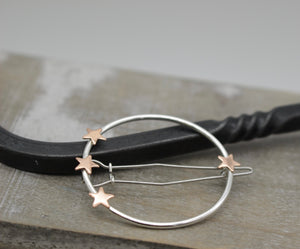 Sterling copper circle barrette - Star barrette - Small sterling silver barrette - gift for her - small barrette - hair jewelry - bangs
