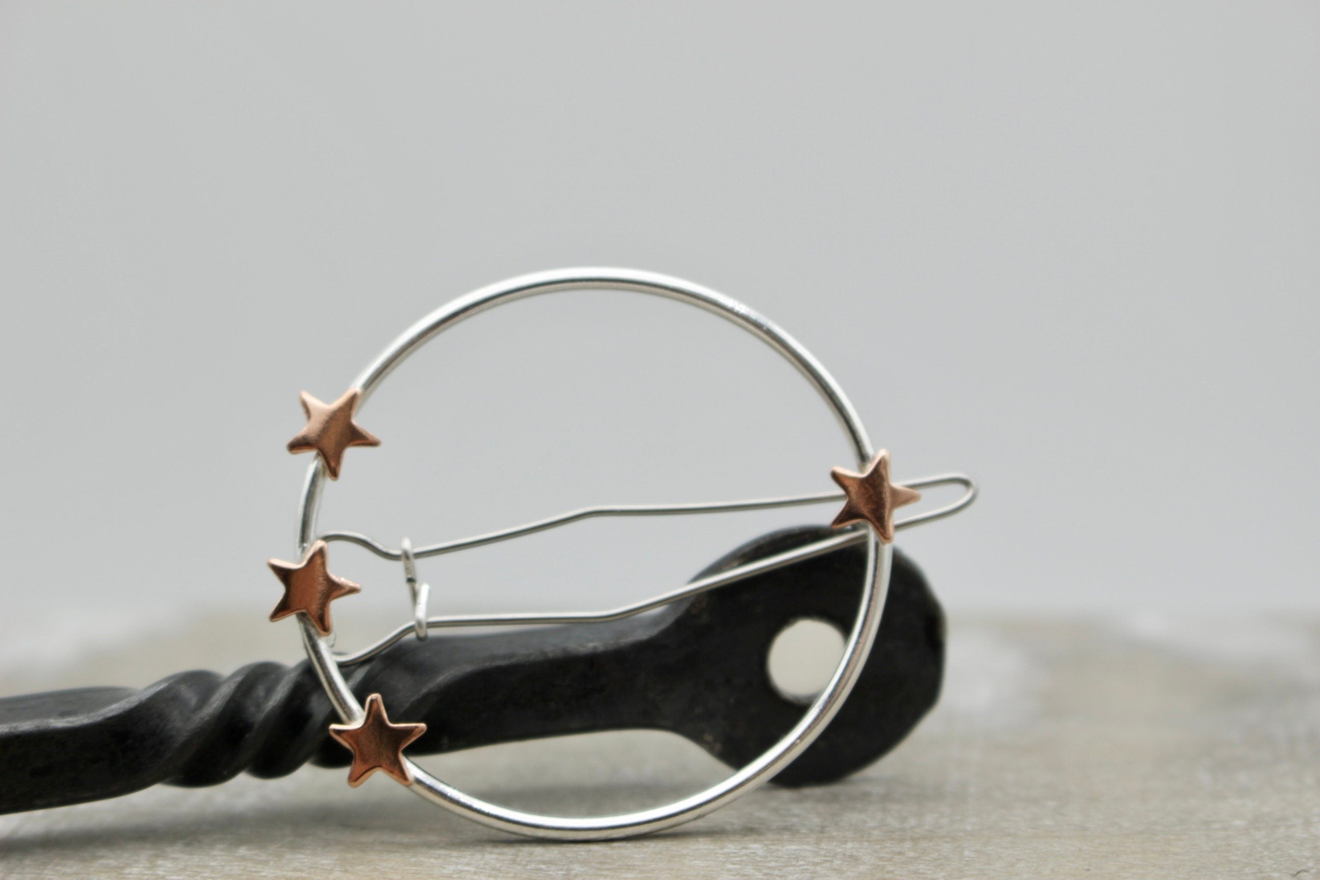 Sterling copper circle barrette - Star barrette - Small sterling silver barrette - gift for her - small barrette - hair jewelry - bangs