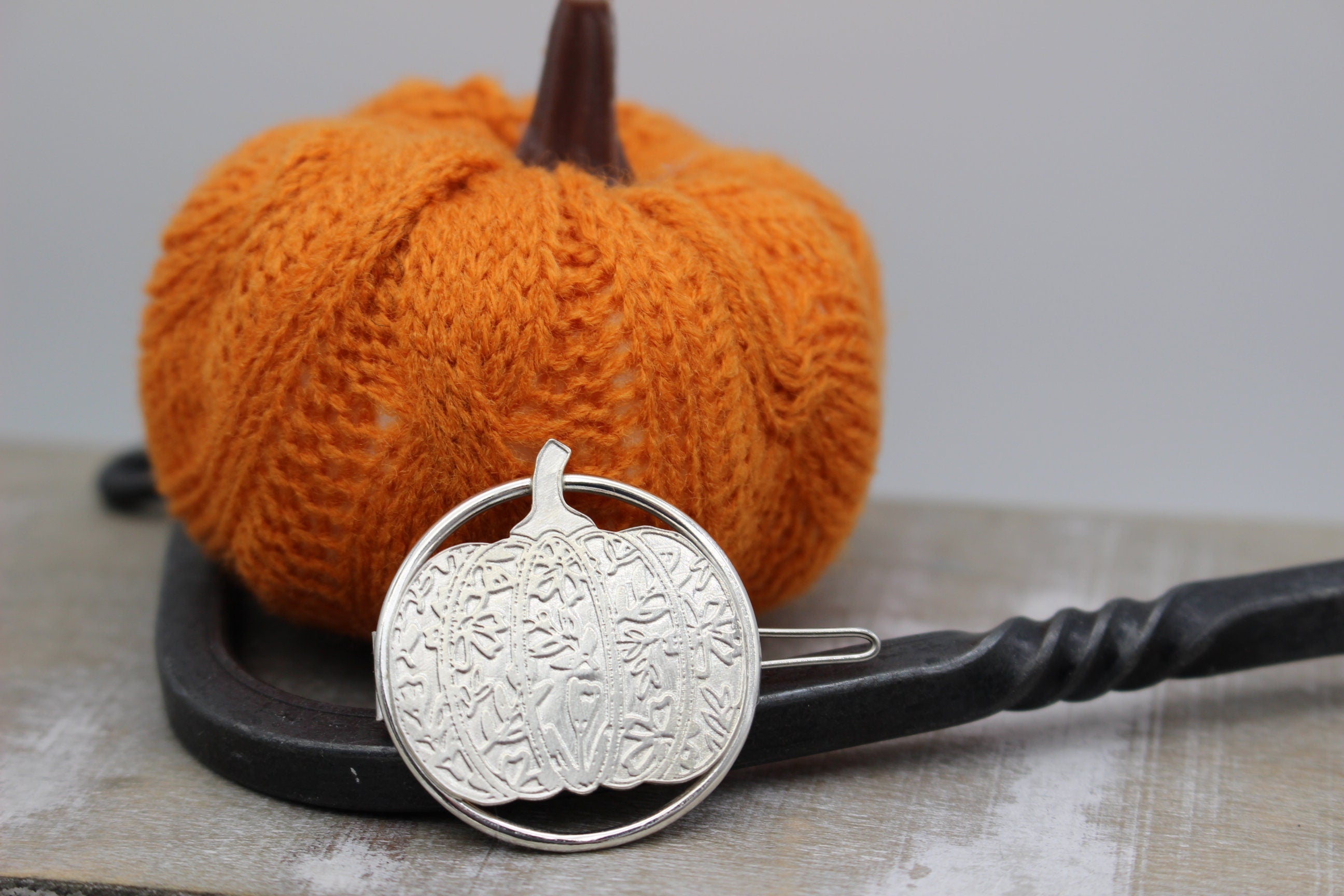 Sterling silver Etched Pumpkin Barrette - hair accessory- fall accessories- silver hair clip - gift for her - jewelry