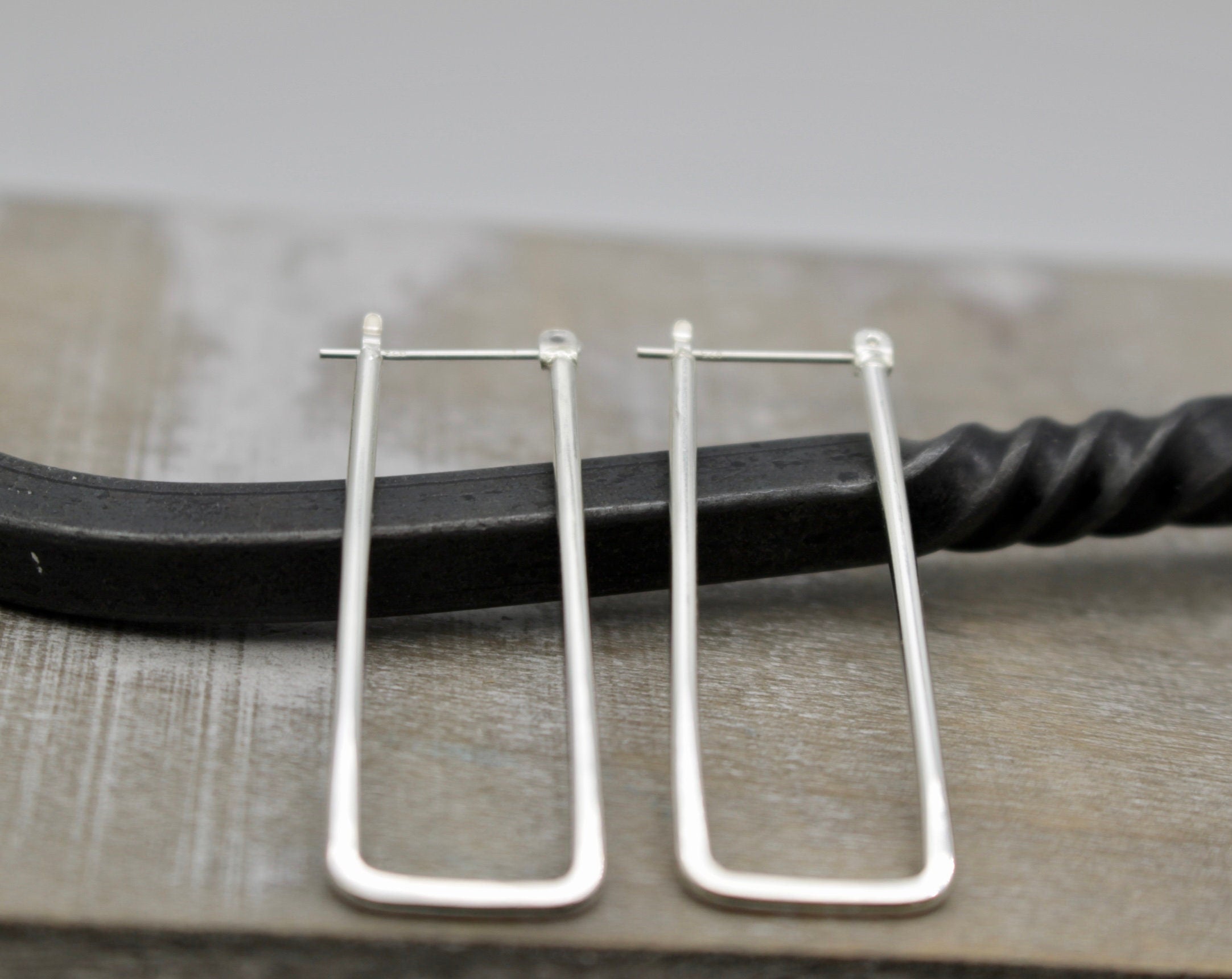 Rectangular sterling silver hoop earrings - long hoop earrings - click latch earrings - gift for her - jewelry sale