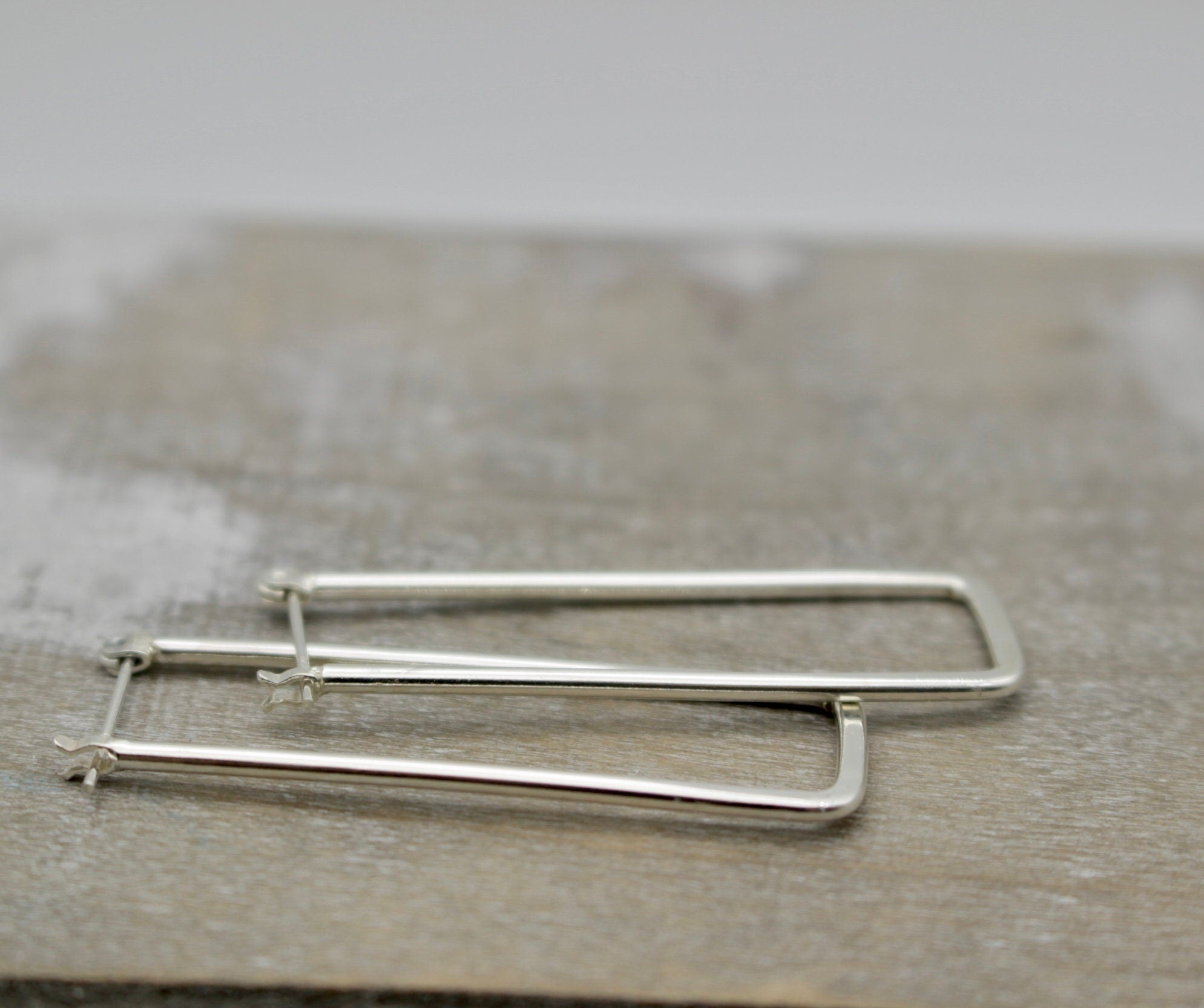 Rectangular sterling silver hoop earrings - long hoop earrings - click latch earrings - gift for her - jewelry sale