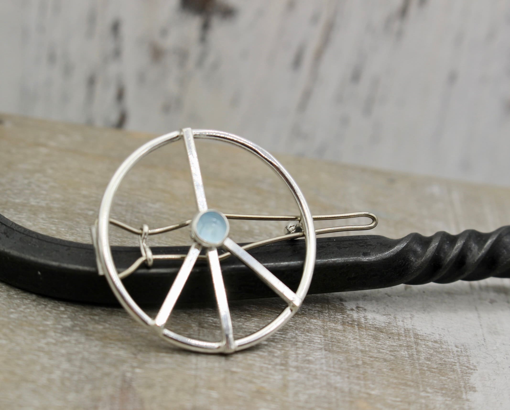 Small Gemstone barrette  - Sterling Silver Peace Sign  Barrette - hair clip - Hair Jewelry - Small Barrette - Gift for her - bangs - boho