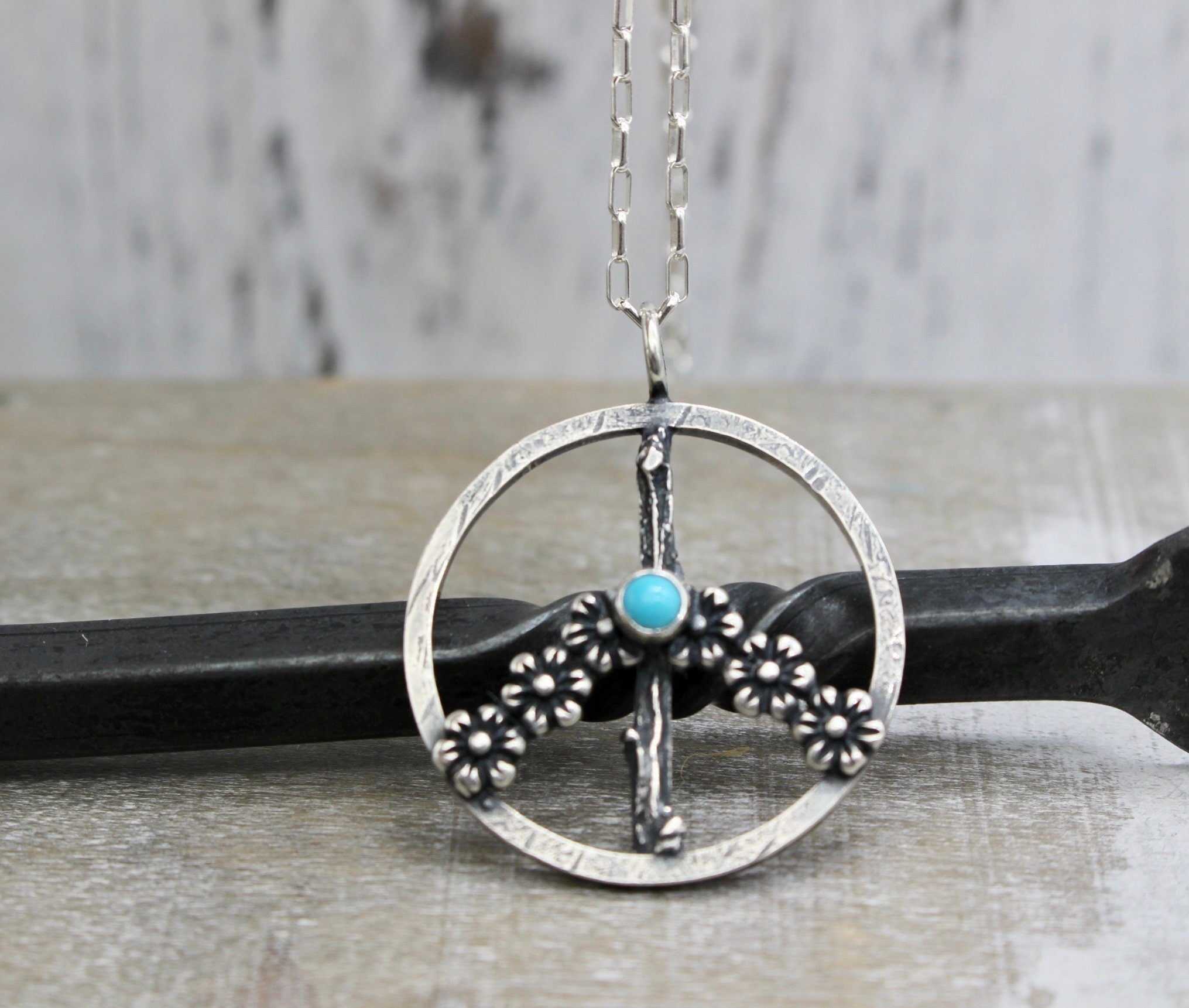 Turquoise necklace / peace sign necklace / charm necklace / gift for her / blue gemstone