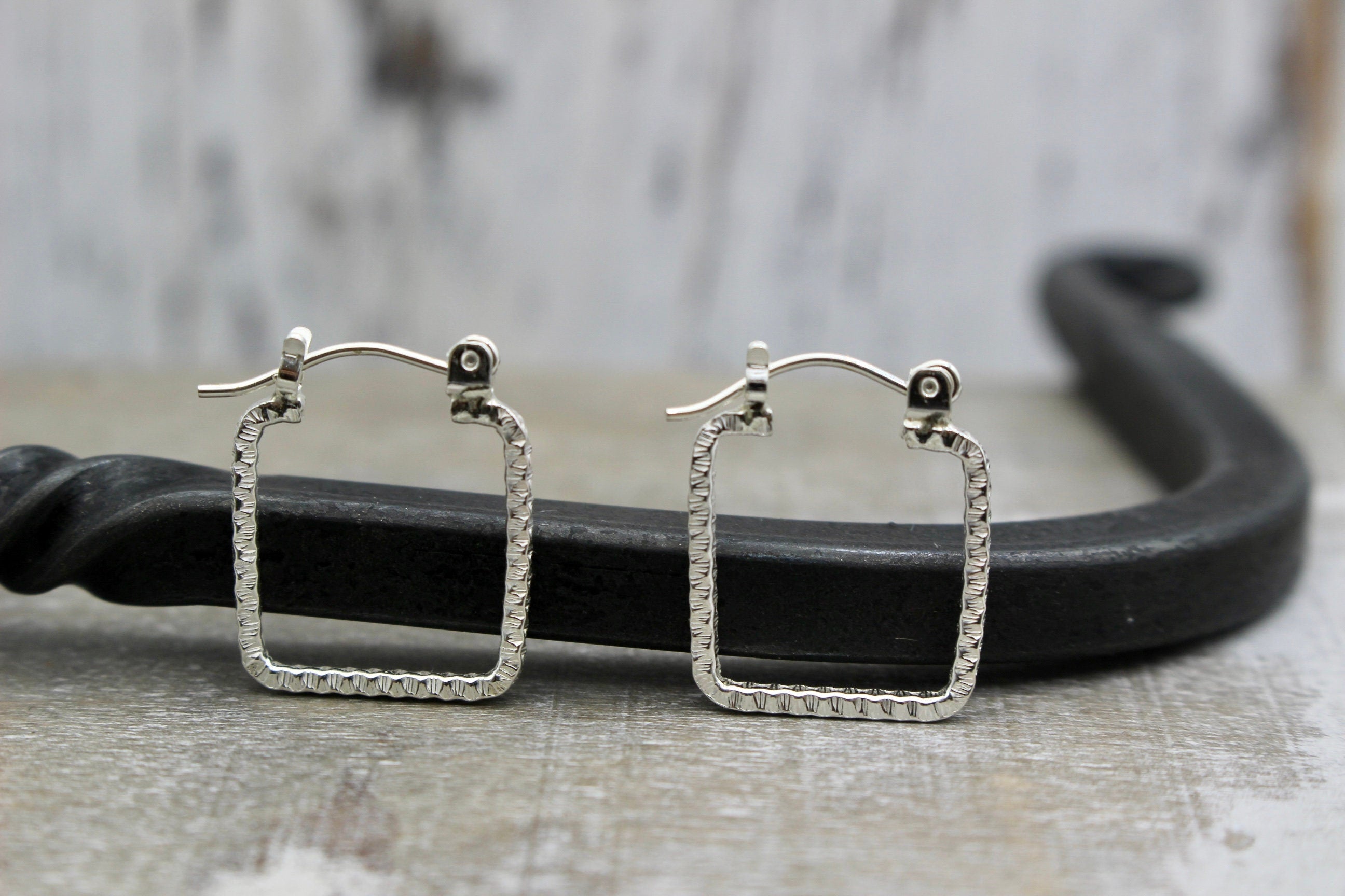Small square sterling silver hoops - silver click latch hoops - square hoops - petite earrings - silver jewelry