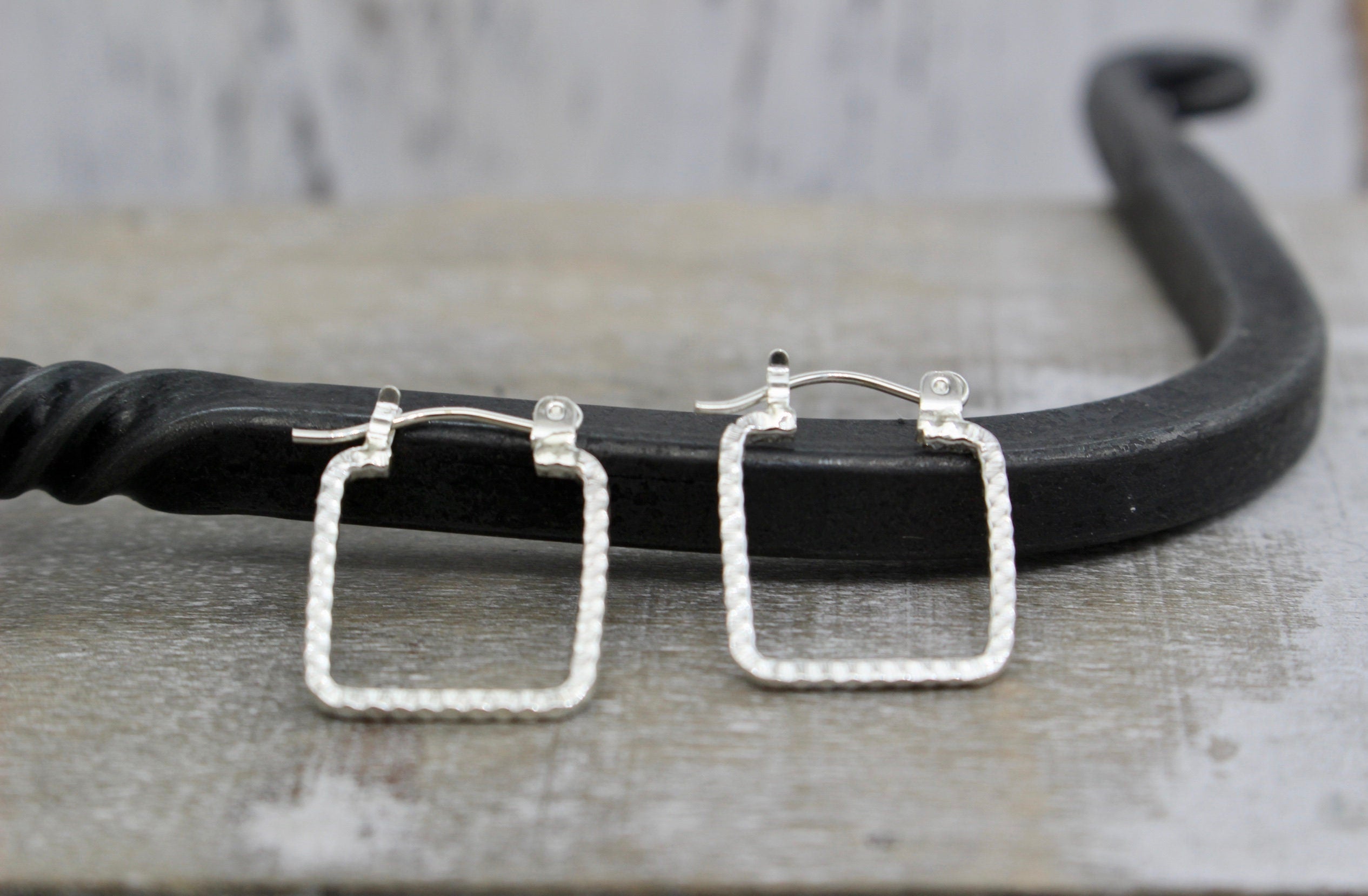 Small square sterling silver hoops - silver click latch hoops - square hoops - petite earrings - silver jewelry