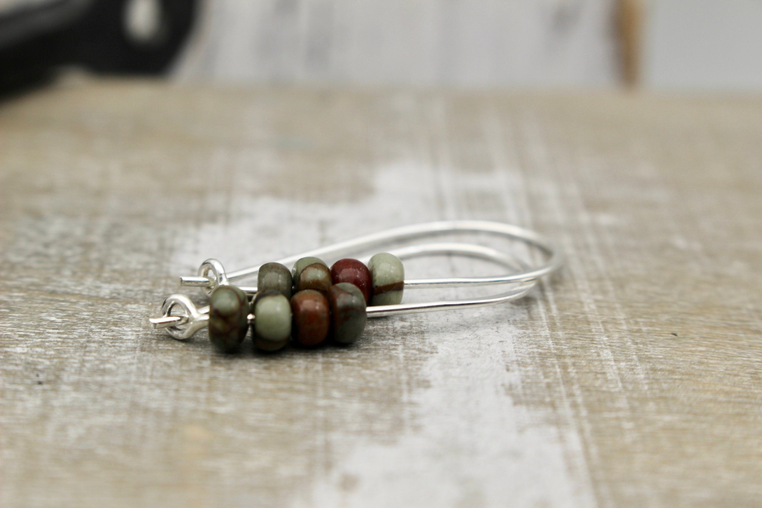 Red Creek Jasper Sterling Silver Hoop Earrings / Beaded Hoops / Gift for Het