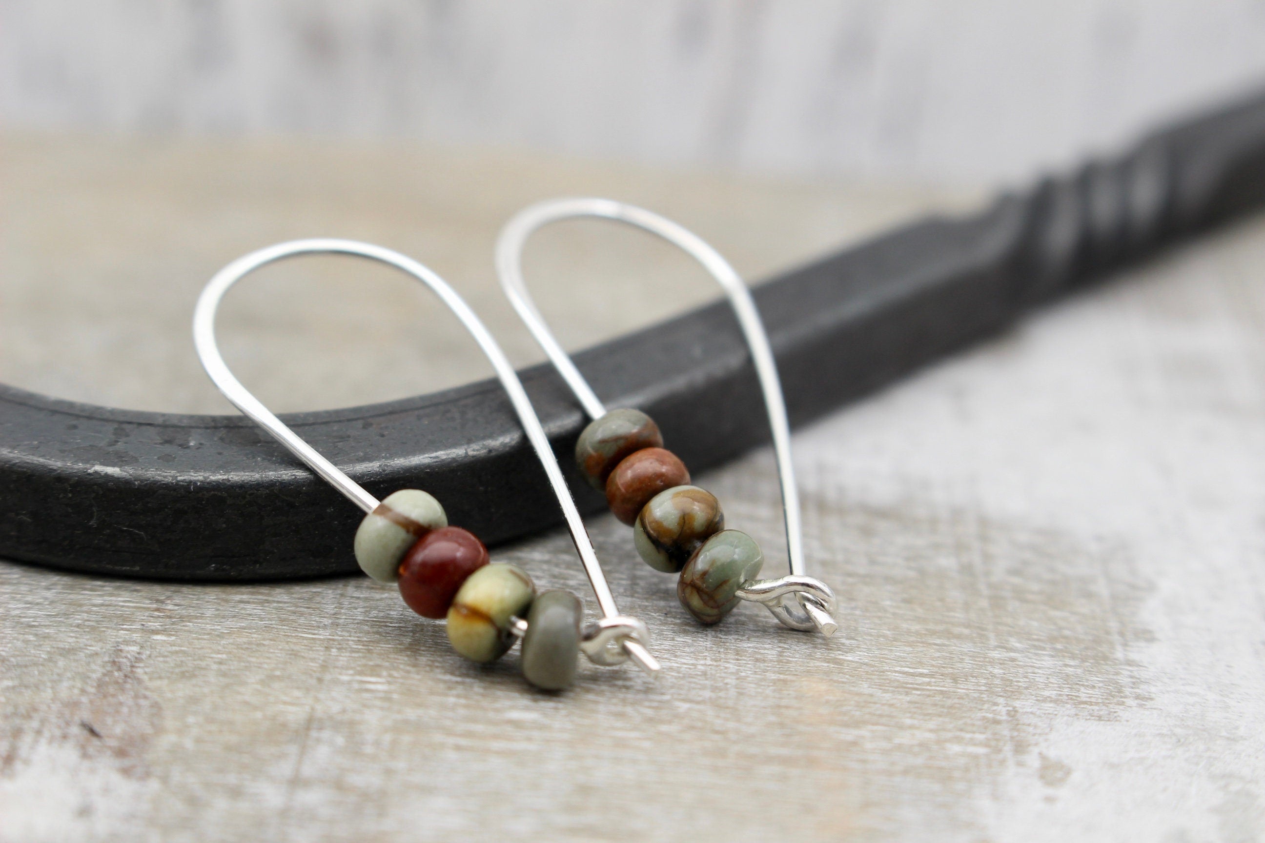 Red Creek Jasper Sterling Silver Hoop Earrings / Beaded Hoops / Gift for Het