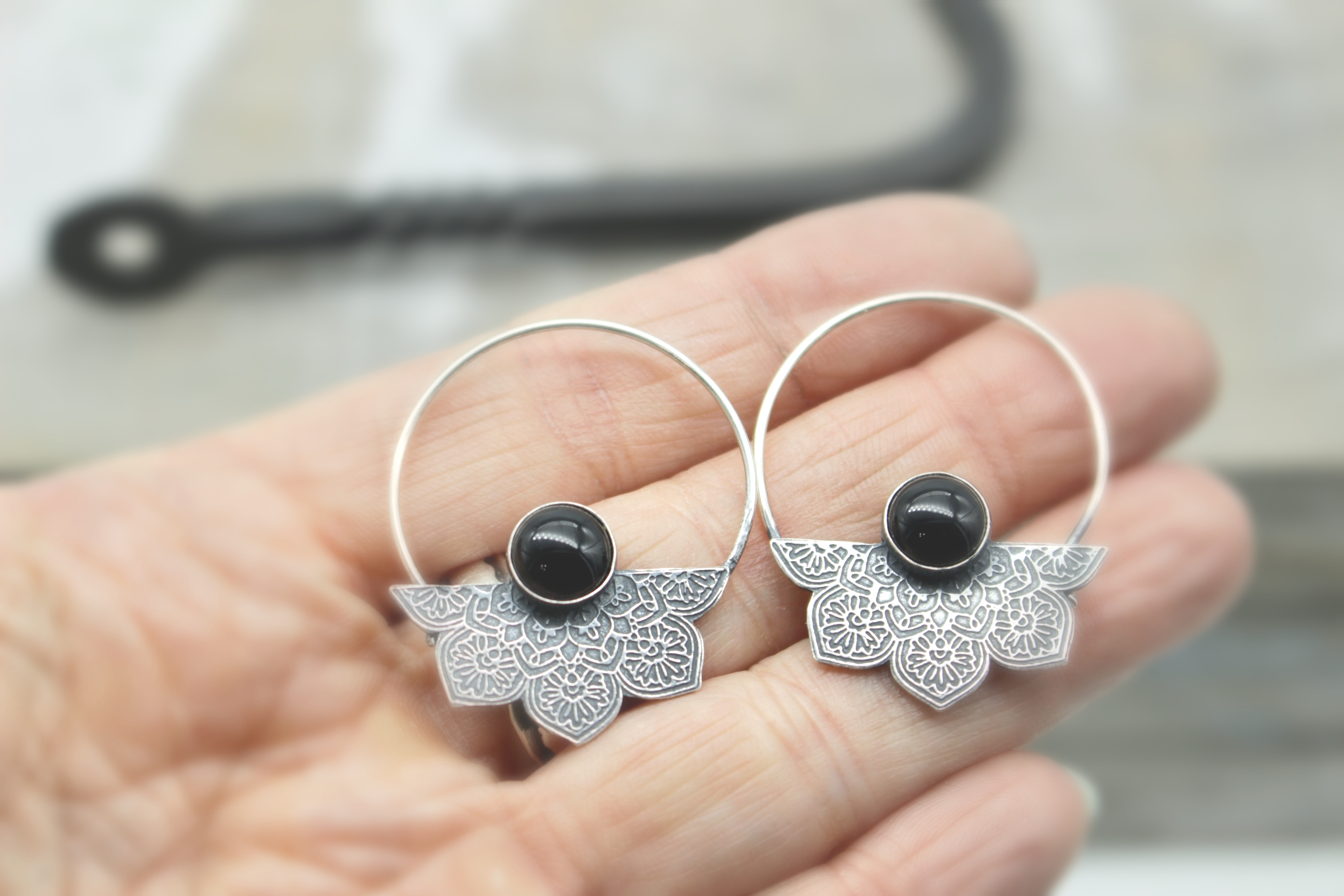 Mandala Onyx hoop earrings