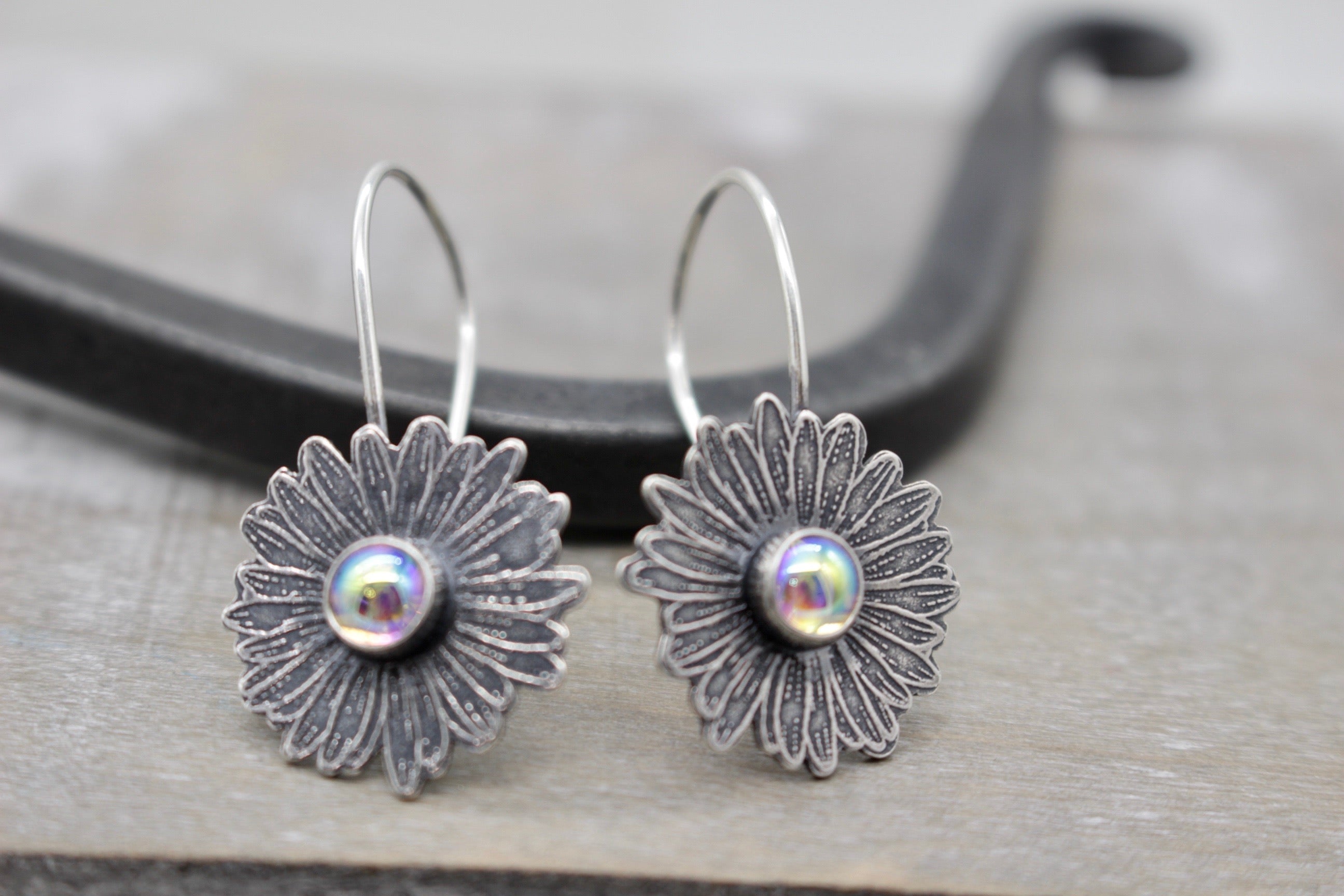 Clear aura borealis Sterling silver daisy earrings