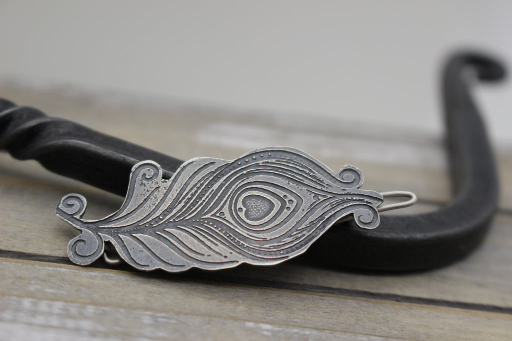 Sterling silver peacock feather barrette